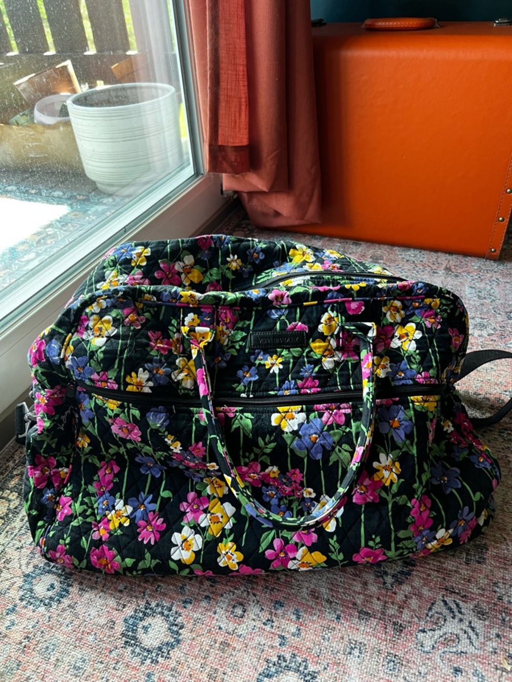 Vera Bradley Black Quilted Travel Tote with Bright Floral Print